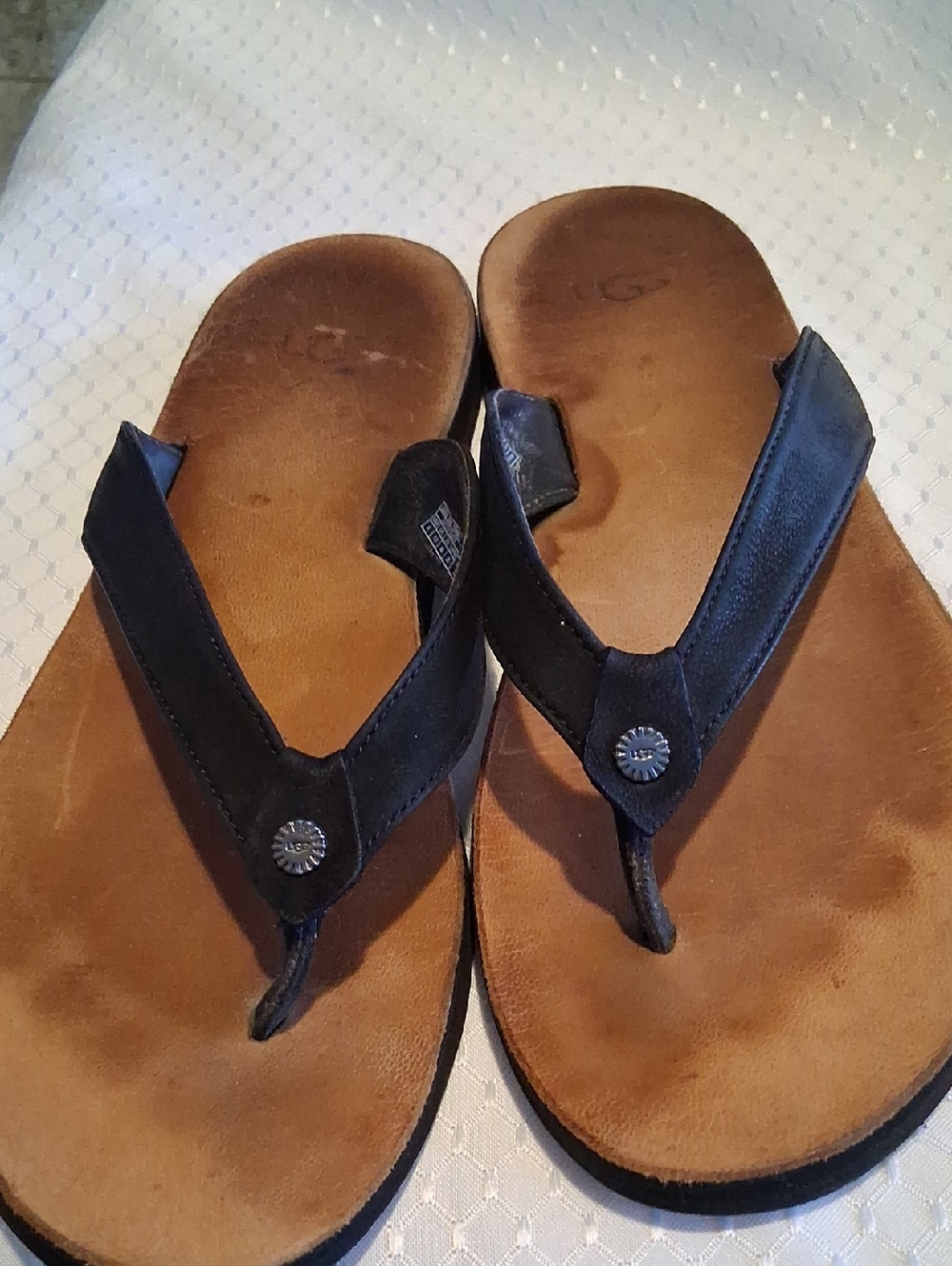 UGG Black Leather Thong Sandals with Brown Footbed